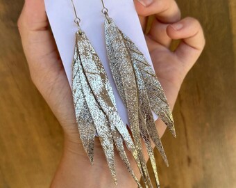 Champagne and silver leather feather earrings, tribal feather earrings, Cowgirl earrings silver, Western earrings for women
