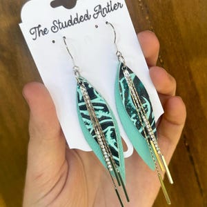 Leather feather Earrings, long layered leather earrings, boho womens earrings, statement leather earrings, small silver leather earrings