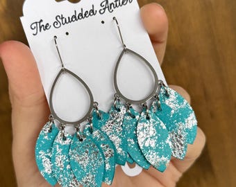 Blue and Silver leather earrings, teardrop hoop earrings, short dangle earrings, small leather earrings, layered leather earrings