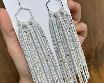 White sparkle leather earrings, fringe leather hoops, long dangle earrings, lightweight leather earrings, leather hoop earrings