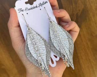 Silver leather earrings, western leather feather earrings, NFR fashion jewelry, big silver statement earrings, sparkle leather earrings