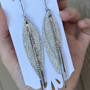 Layered silver Leather Earrings, silver dangle earrings, western style earrings, Oval leather earrings, small leather earrings, lightweight