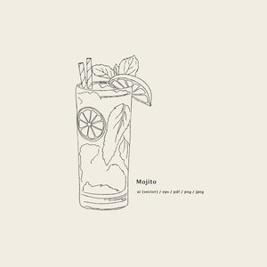 Mojito Cocktail, DIGITAL DOWNLOAD, Mojito ai, Mojito eps, Mojito pdf, Mojito png, Hand drawn Mojito, Drinks menu drawing
