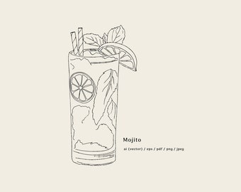 Mojito Cocktail, DIGITAL DOWNLOAD, Mojito ai, Mojito eps, Mojito pdf, Mojito png, Hand drawn Mojito, Drinks menu drawing