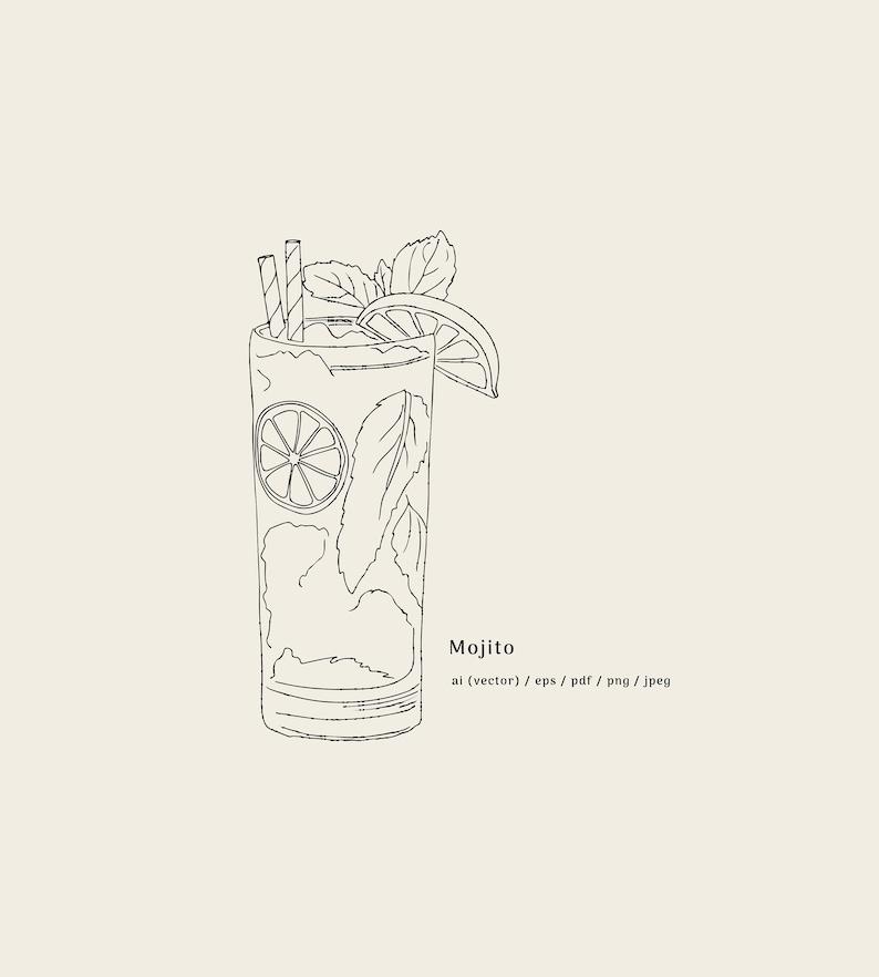 Line Drawing Raspberry Mojito Mojito Cocktail, DIGITAL DOWNLOAD, Mojito Ai, Mojito Eps, Mojito Pdf ...