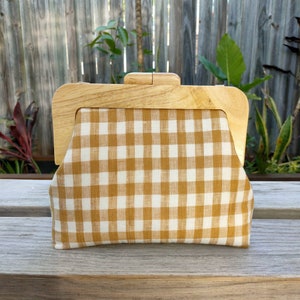 Mustard and White Gingham Square Wooden Clutch/ Hand Bag/Shoulder Bag/Crossbody Bag