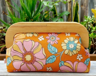 Orange Flowers Retro Curved Wooden Clutch/Hand Bag/ Shoulder Bag/Crossbody Bag