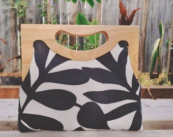 Black and White Fern Large Wooden Handbag