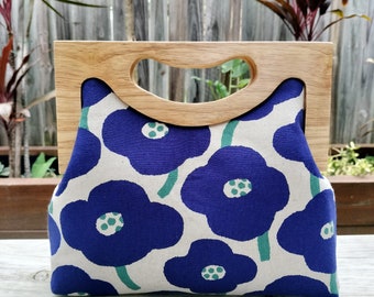 Blue Floral Funky Large Wooden Handbag/Japanese fabric