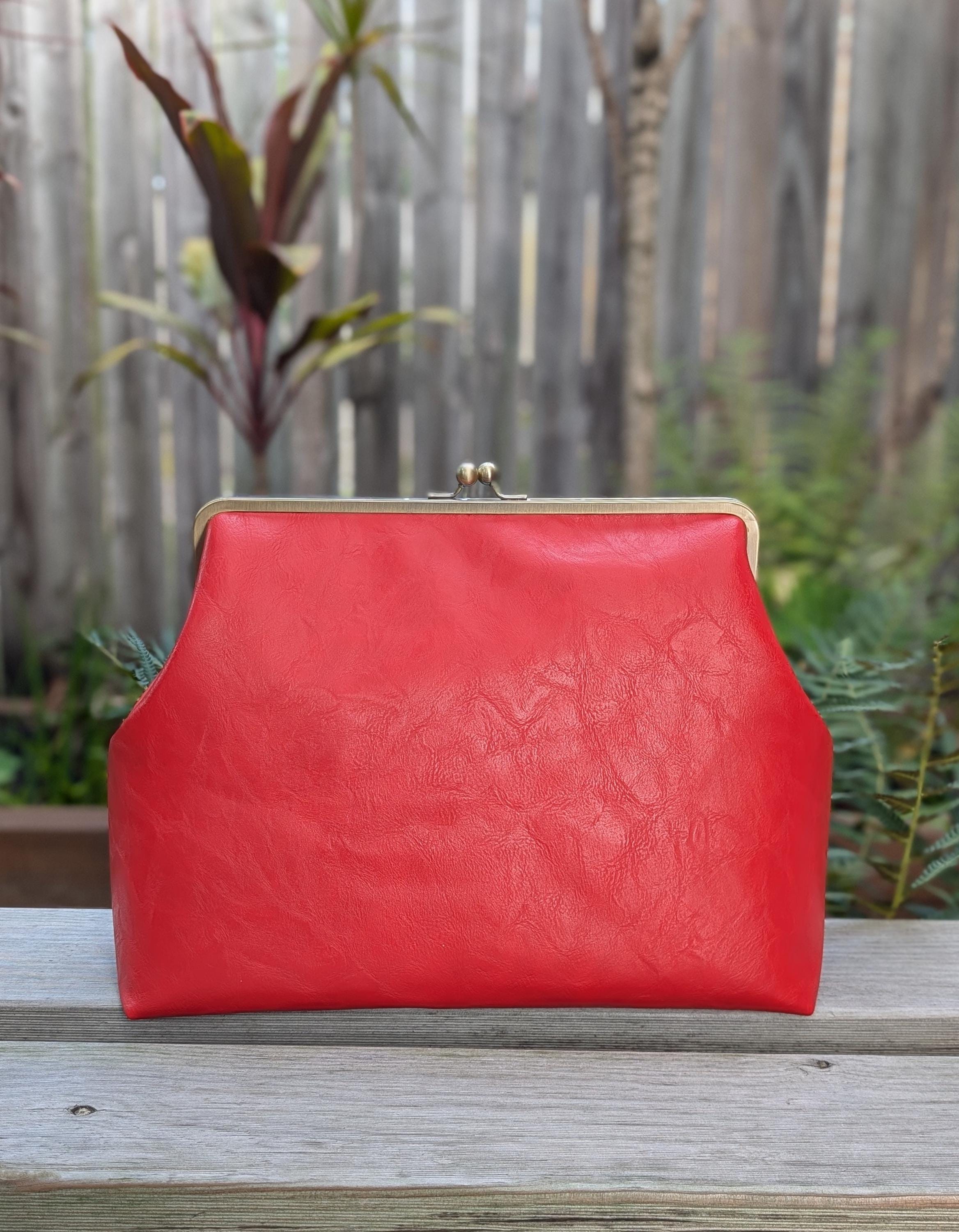 Oversized Vivid Red Kisslock Bag- XXL Vivid Red Faux Leather