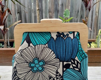 Blue Floral Square Wooden Clutch/ Hand Bag/ Shoulder Bag/Crossbody Bag/ Japanese fabric