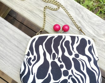 Black and White Zebra Print Red Knob Metal Kisslock Clutch/Crossbody Bag/Shoulder Bag/ Hand Bag/ Kasey Rainbow fabric