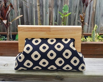 Black and White Japanese Fabric Large Wooden Clutch