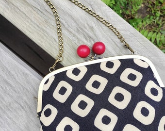 Traditional Japanese Black and White Fabric Red Knob Metal Kisslock Clutch/Crossbody Bag/Shoulder Bag/ Hand Bag
