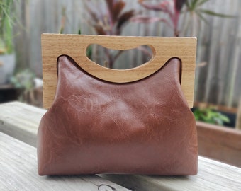 Dark Brown Faux Leather Wooden  Large Handbag/Shoulder Bag