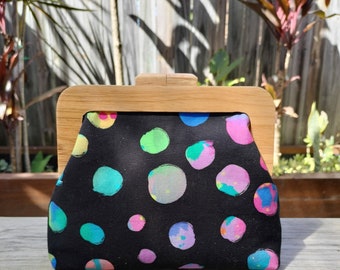 Night Polka Square Wooden Clutch/Hand Bag/ Shoulder Bag /Crossbody Bag/ Kasey Rainbow fabric