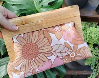 Retro Flowers in Beige Large Wooden Clutch/ Hand Bag