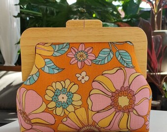 Orange Retro Flowers Square Wooden Clutch/Hand Bag/ Shoulder Bag /Crossbody Bag
