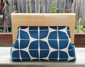 Blue Geometric /Japanese Fabric/ Large Wooden Clutch