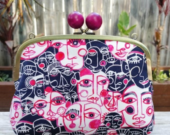 Faces in Pink and Blue/ Pink Knob Metal Kisslock Clutch/Crossbody Bag/Shoulder Bag/ Hand Bag/ Lordy Dordie Art Fabric