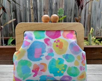 Pastel Leopard Wooden Square Clutch W Ball Top/ Hand Bag/Shoulder Bag/Crossbody Bag/ Kasey Rainbow fabric
