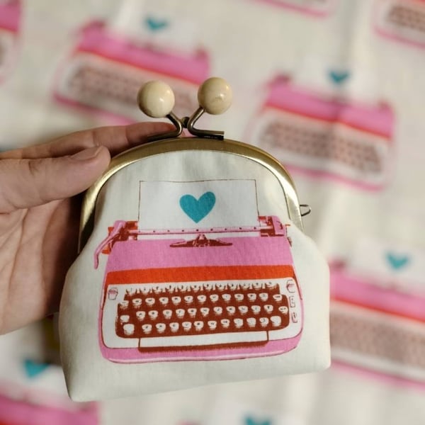 Pink and White Typewriter Kisslock Coin Purse/Pouch/