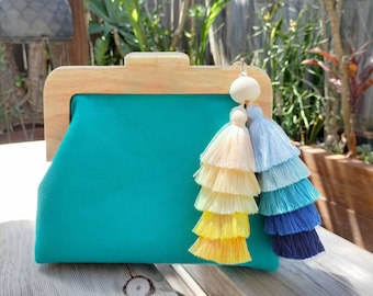 Teal Blue Square Wooden Clutch with tassels/ Hand Bag/ Shoulder Bag/ Crossbody Bag