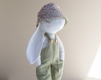 JOY bunny doll with dungarees and hat, PDF sewing pattern