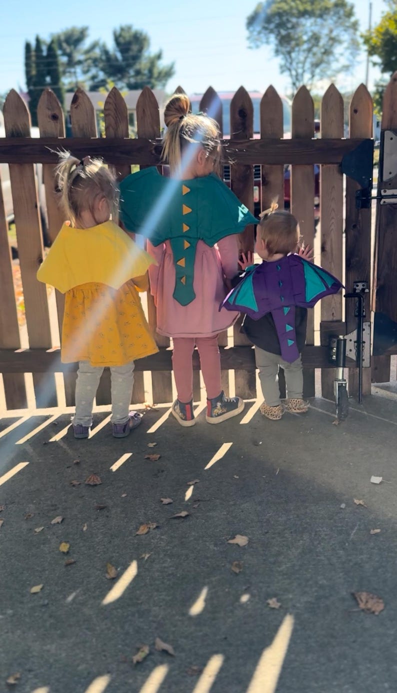 K&ouml;nnte beinhalten: Drei Kinder in Drachenkost&uuml;men stehen vor einem Holzzaun. Die Kost&uuml;me sind gelb, gr&uuml;n und lila, mit Umh&auml;ngen und Schwanzdetails. Die Kinder tragen Leggings und Schuhe.