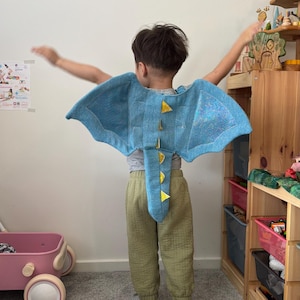 K&ouml;nnte beinhalten: Ein Kind tr&auml;gt ein hellblaues Drachenkost&uuml;m mit gelben Akzenten. Das Kost&uuml;m hat gro&szlig;e Fl&uuml;gel und einen Schwanz. Das Kind steht in einem Raum mit einem bunten Banner und Holzregalen.