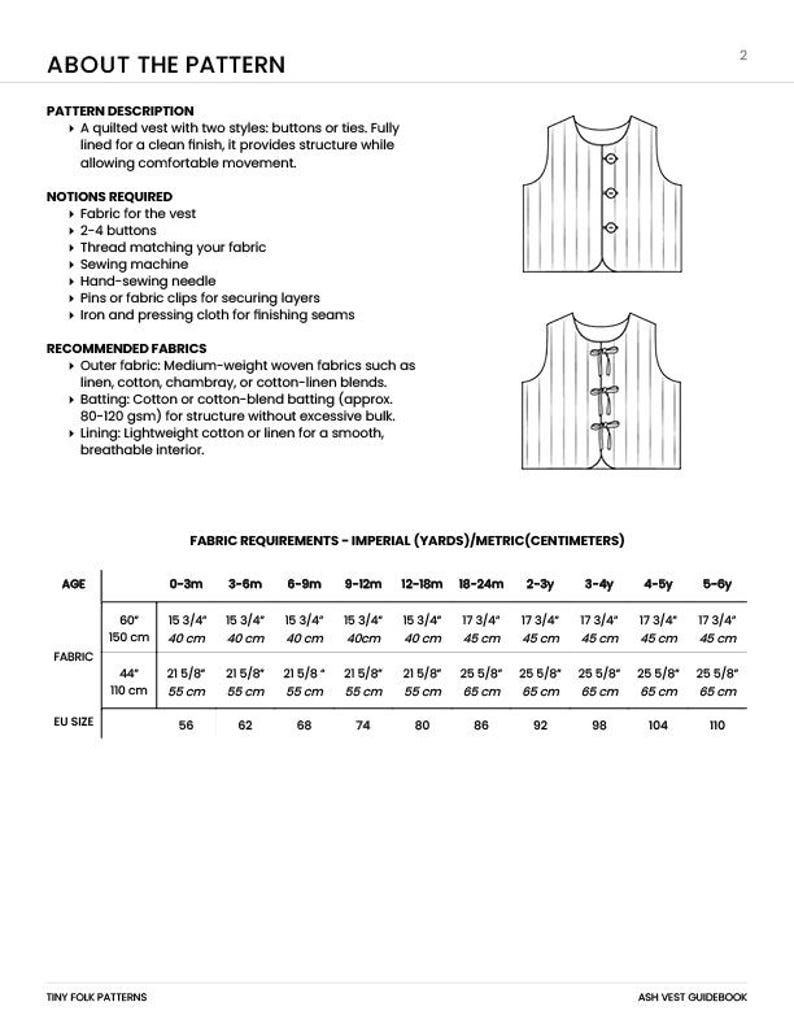 May include: A chart showing fabric requirements for a quilted vest in yards and centimeters. The chart includes age, fabric size, and corresponding fabric requirements in both imperial and metric units.