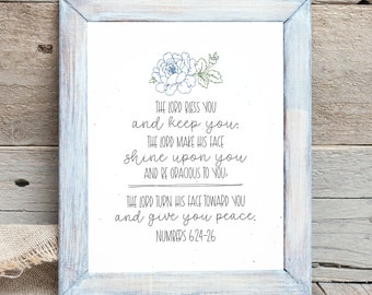 The Blessing, Numbers 6:24-26, Minimalist Floral Bible Verse Pen Print, Christian Home Decor, Scripture Wall Art, Religious Gift 8x10