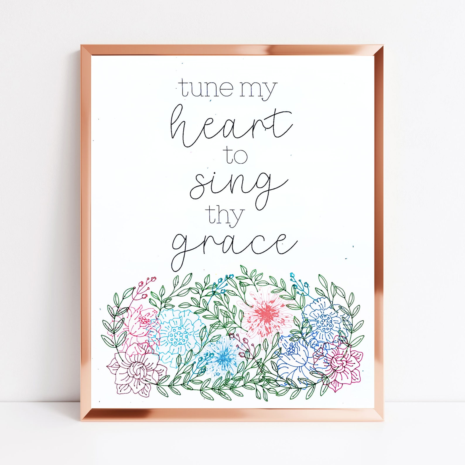 Tune My Heart to Sing Thy Grace, Hymn Pen Print, Christian , Colorful Floral Biblical Wall Art ...
