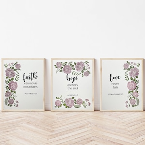 Faith Hope and Love Print set of 3, floral Christian Vinyl Prints, Bible verse Home Decor, Scripture Wall Art, Biblical Gift 8x10