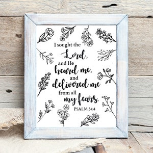 Psalm 34:4,I sought the Lord and He heard me,Wildflower Minimalist Christian vinyl wall art print,Bible Verse Scripture home decor gift 8x10