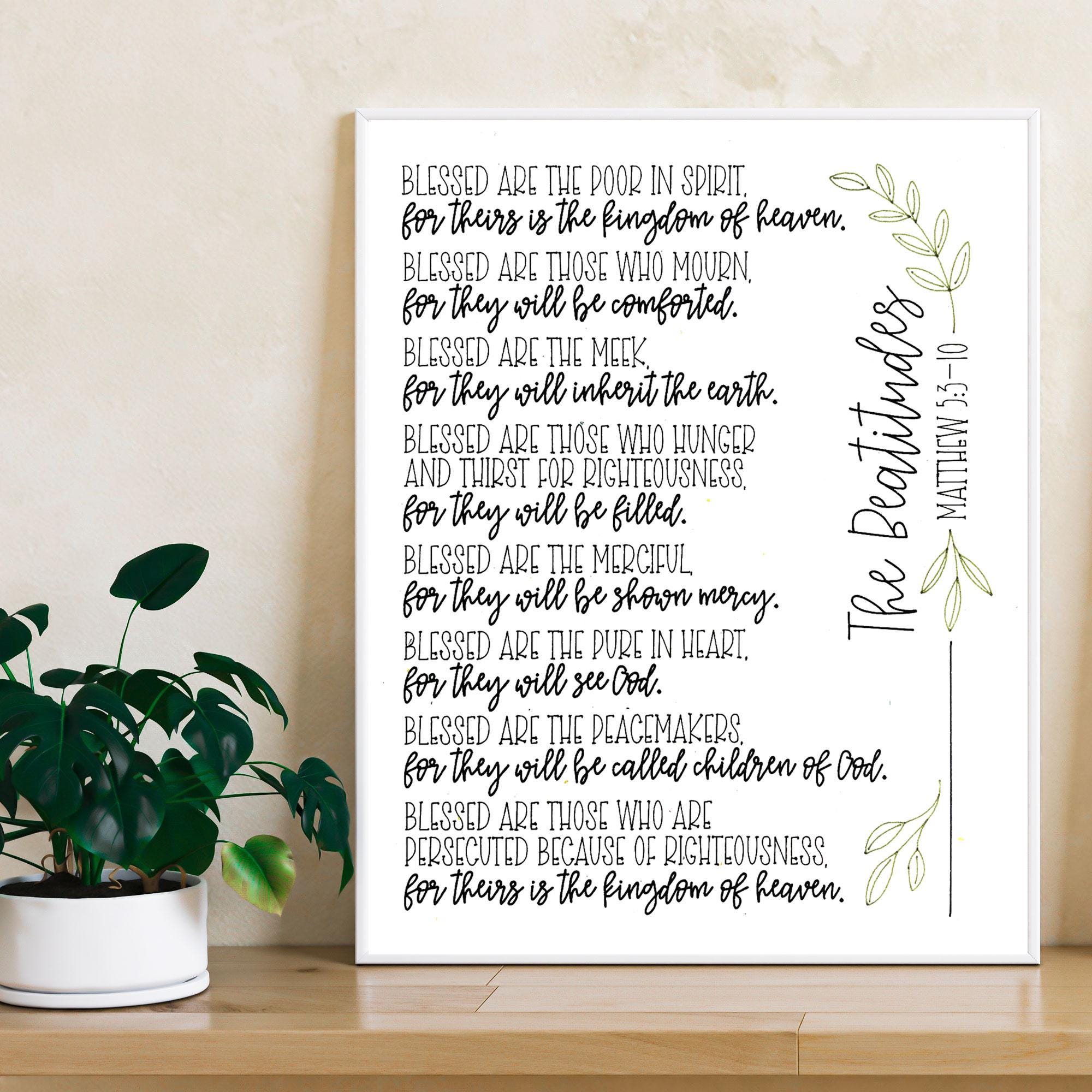 The Beatitudes, Matthew 5:3-10, Minimalist Leaf Design, Christian Pen ...