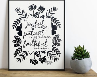Romans 12:12, Be Joyful in hope, Floral Square, wreath design, Bible Verse Vinyl Print, Christian Home Decor, Scripture Wall Art Gift 8x10