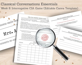 May include: Printed papers with the text "CIA 2025 COOKIE CROOK CASE" and "Classical Conversations Essentials." A magnifying glass with a "TOP SECRET" stamp rests on the papers. The papers are for an interrogative game.
