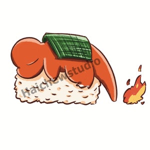 May include: A cartoon sushi roll with a red and orange fish on top, a green seaweed wrap, and a small flame coming out of the fish's tail.