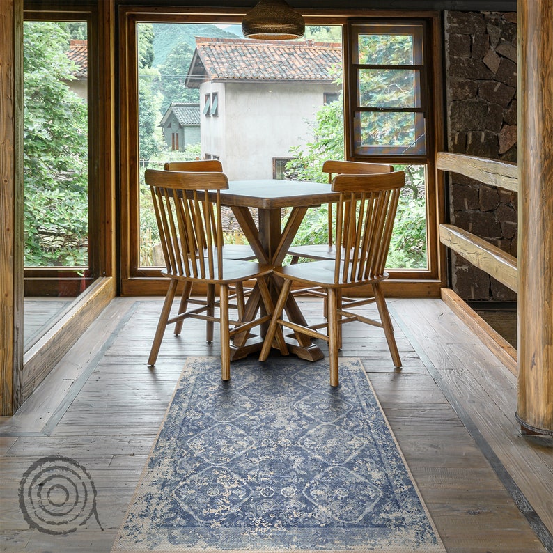 Stylish Ornamental Vinyl Floor Mat Blue Vinyl Rug Gray Etsy