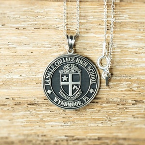 Personalized Sterling Silver Necklace Engraved with College or High School Logo, Custom Pendant Unique Graduation Gift for Her and Him image 1