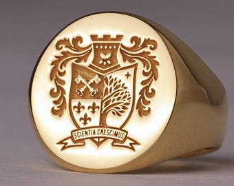 Bague armoirie familiale gravée personnalisée, blason orné d'or et d'argent pour homme et femme