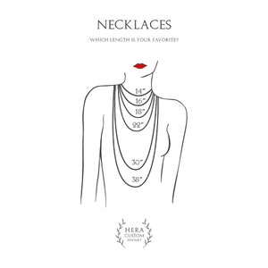 May include: A line drawing of a person wearing necklaces of different lengths. The lengths are labeled in inches: 14", 16", 18", 22", 30", and 38". The text "NECKLACES" and "WHICH LENGTH IS YOUR FAVORITE?" is at the top of the image. The text "HERA CUSTOM JEWELRY" is at the bottom of the image.