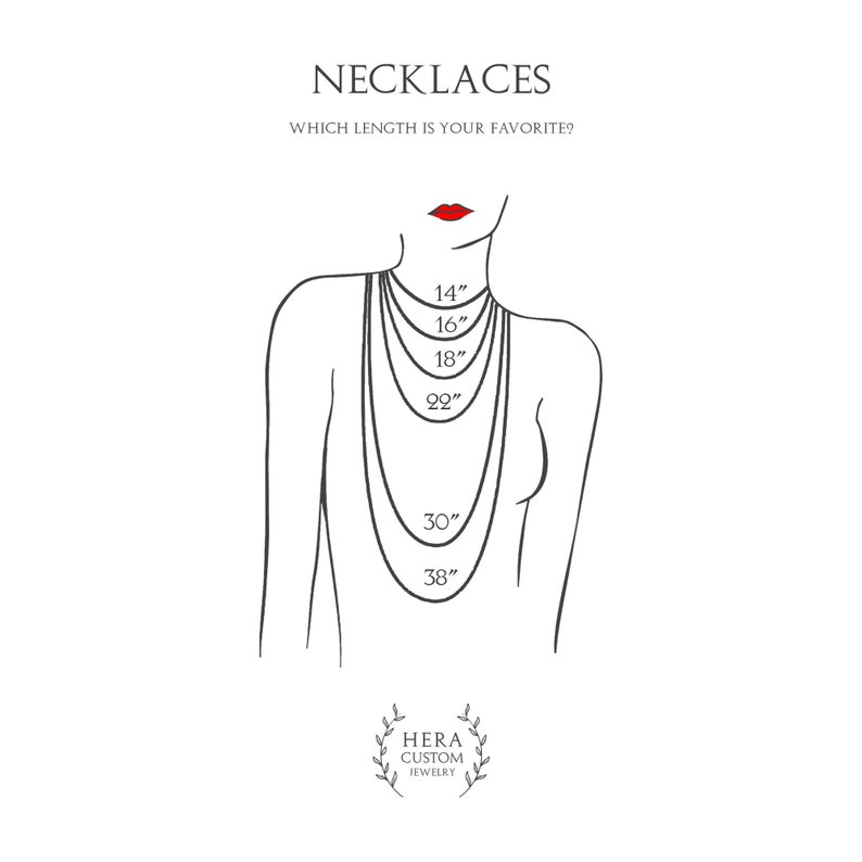 May include: A line drawing of a person wearing necklaces of different lengths. The lengths are labeled in inches: 14", 16", 18", 22", 30", and 38". The text "NECKLACES" and "WHICH LENGTH IS YOUR FAVORITE?" is at the top of the image. The text "HERA CUSTOM JEWELRY" is at the bottom of the image.