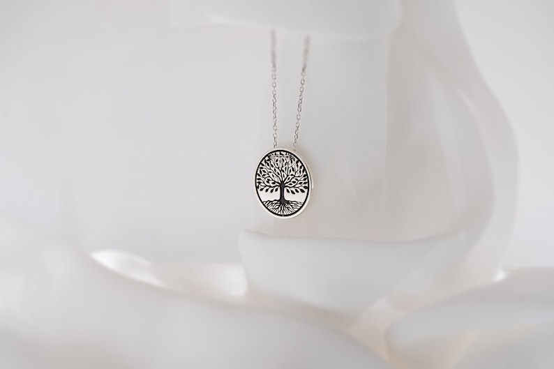 May include: A silver necklace with a round pendant featuring a black tree of life design.