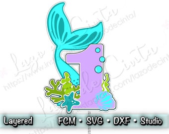May include: A purple number one with a turquoise mermaid tail, green seaweed, and a blue seashell. The number one is decorated with blue bubbles.