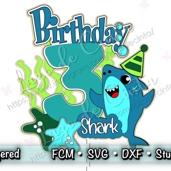 Shark Cake Topper SVG | Under the Sea - Kids - Birthday - Party - Celebration | Cut Files in: SVG - DXF - ScanNcut File - Silhouette Studio