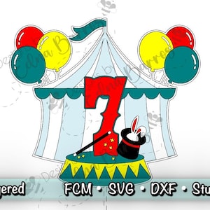 May include: A colorful circus tent with a red, yellow, and blue balloon cluster on each side. The number 7 is in the center of the tent with a magician's hat and rabbit.  The tent has a blue and white striped design.