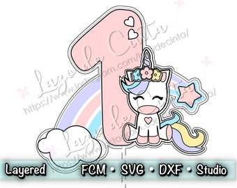 Unicorn Cake Topper SVG | Girls - 1st Birthday - Party - Celebration | Cut Files provide in: SVG - DXF - ScanNcut File - Silhouette Studio