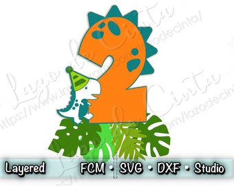 Dinosaurier 2 Geburtstag Cake Topper, Dino-Party Cut Files, SVG: Layered Plotterdatei für Cricut, Silhouette und ScanNcut (Digitaler Download)